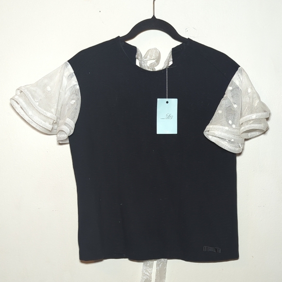 ZFR Fashion Cannes Edition Black Tie-Back Blouse w/ Tulle Ruffle Sleeves + Bows - Picture 1 of 3